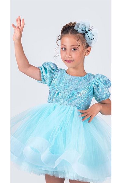 Mnk Baby&Kids Rochie cu mânecă scurtă pentru fetiță, fustă verde, cu paiete - MNK0601 TURCOISE