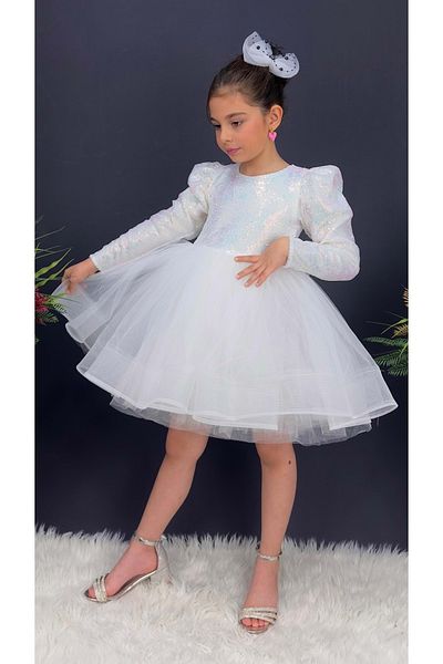 Mnk Baby&Kids Tutu Gren φούστα για κορίτσια με παγιέτες μακρυμάνικο Kikidi φόρεμα MNK0583 ΛΕΥΚΟ