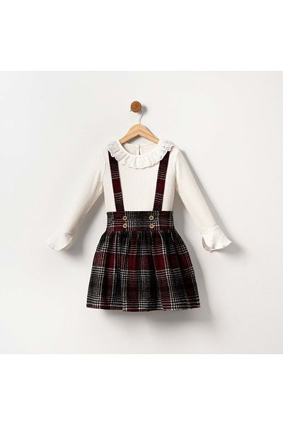 Mnk Baby&Kids Girl's Plaid Patterned Salopet and Skirt Set - MNK2148 RED