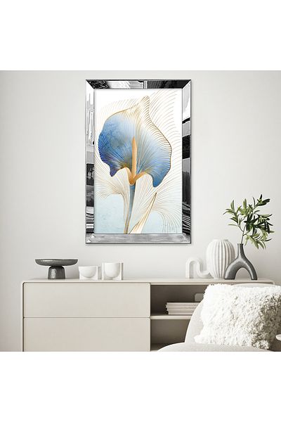 Zevahir Mobilya Dekorasyon Masa MDF unică cu margarete albastre decorative cu dungi aurii cu cadru din plexiglas cu oglindă argintie