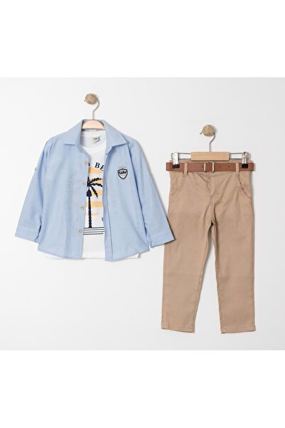 Mnk Baby&Kids Mnk4136 Model - Palm Printed T-shirt, Shirt and Pants Set, Blue