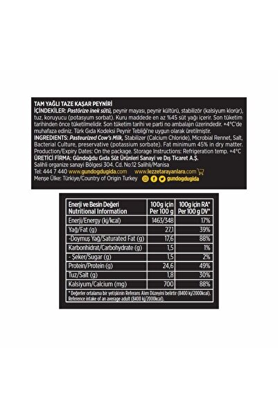 Gündoğdu Taze Kaşar Peyniri 700gr 4'lü