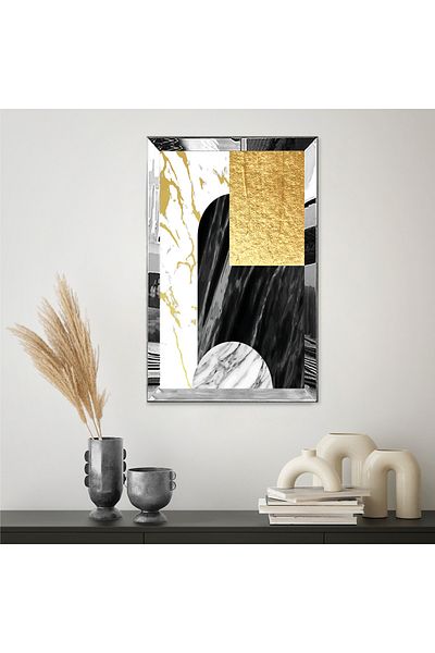 Zevahir Mobilya Dekorasyon Masa MDF simpla cu forme geometrice de culoare neagra si aurie cu rama din plexiglas cu oglinda argintie