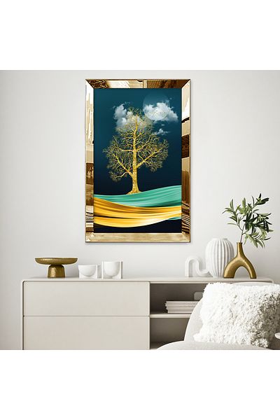 Zevahir Mobilya Dekorasyon Gold Mirrored Plexiglass Framed 3D View Χρυσό Χρώμα Δέντρο Τοπίο Μονό Τραπέζι MDF