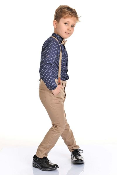 Mnk Long Pants Dark Patterned Shirt Boy's Set Mnk0301 Navy Blue