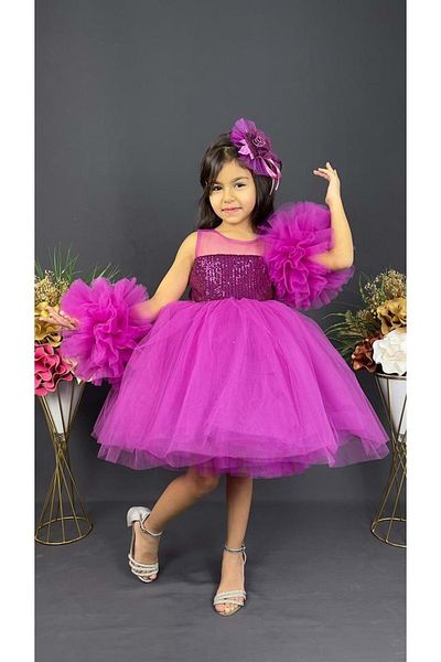 Mnk Baby&Kids Robă din șifon cu mânecă pompon Fustă crinolină pentru fetiță Tutu Rochie de seară violet