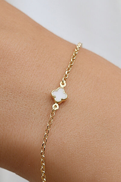 Altınkesesi 14 Ayar Altın Beyaz Yoncalı Bileklik