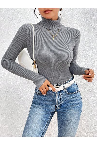 JAKARLI Unisex Anthracite Gray Cotton Turtleneck Slimfit Turtleneck Sweater