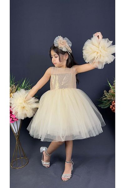 Mnk Baby&Kids Chiffon Robe Pompom Sleeve Sequined Girl's Crinoline Skirt Tutu Evening Dress Ecru