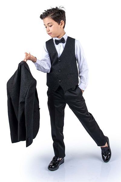 Mnk Baby&Kids Boy's Groom Suit - Glitter Jacket and Vest, Black Mnk0501