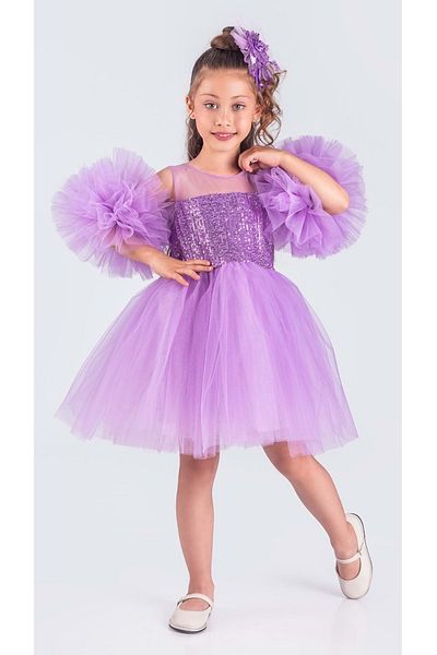 Mnk Baby&Kids LILA Girl's Chiffon Evening Dress - Puffy Skirt with Pompom Sleeve, Sequins and Tutu