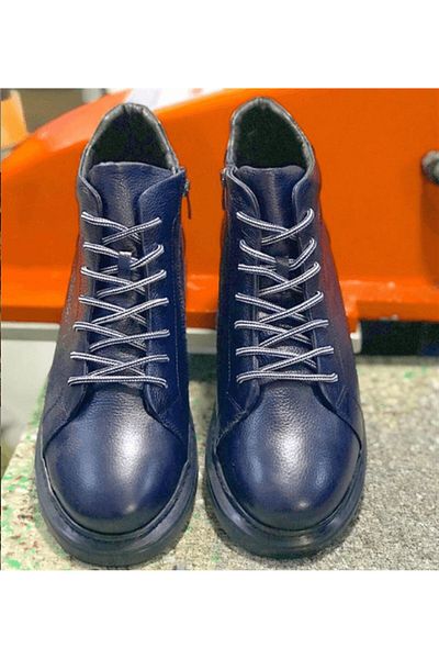 İriadam Navy Blue Comfortable Wide Fit Men's Boots - 45-50 Mhg201 Calf Leather Large Size