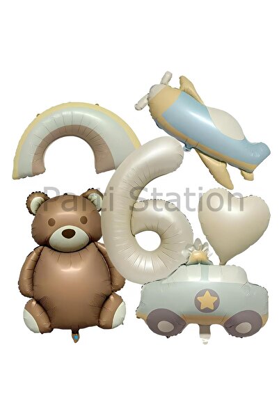 Parti Station Retro Ayıcık Uçak Polis Arabası Gökkuşağı Konsept 6 Yaş Balon S...