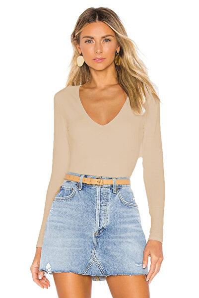 By Kul Design Γυναικείο κορμάκι από υφασμάτινο ζέρσεϊ διπλής στρώσης με λαιμόκοψη σε σχήμα V