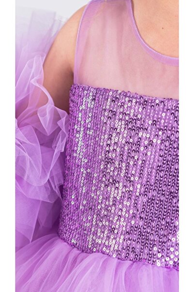 Mnk Baby&Kids Şifon Robalı Ponpon Kol Pul Payetli Kız Çocuk Kabarık Etek Tütülü Abiye LİLA