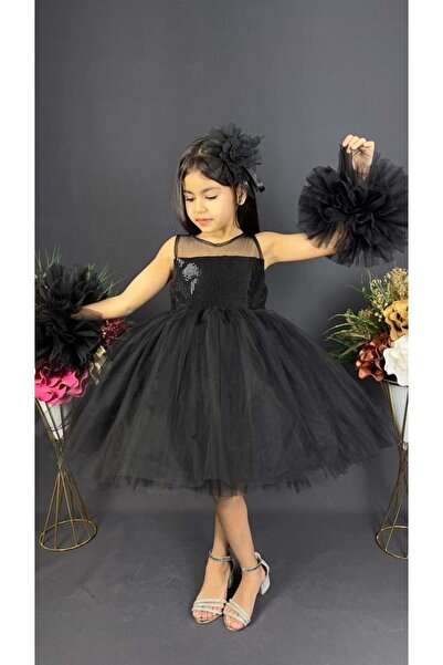 Mnk Baby&Kids Şifon Robalı Ponpon Kol Pul Payetli Kız Çocuk Kabarık Etek Tütülü Abiye SİYAH