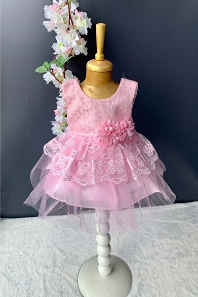 Mnk Baby&Kids Kat Dantelli Gül Motif Kız Bebek Elbise PNPN159 PEMBE