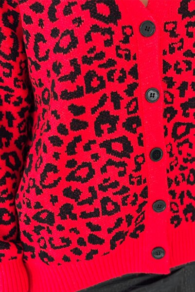 FEMELLE Kadın Kırmızı Standart Beden Leopar Desen Oversize Triko Hırka