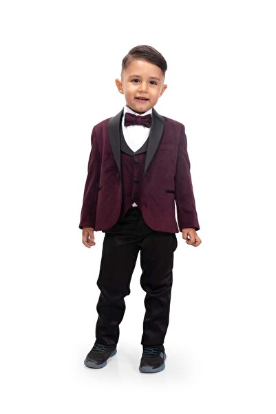 Mnk Baby&Kids Boy's Suit with Velvet Jacket and Vest MNK0550 CLARET RED
