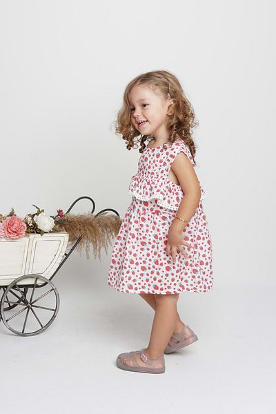 Mnk Baby&Kids Rochie roșie de vară pentru fetiță - imprimeu cu fructe, bumbac, mânecă Terikoton și detaliu scoici Mnk0406