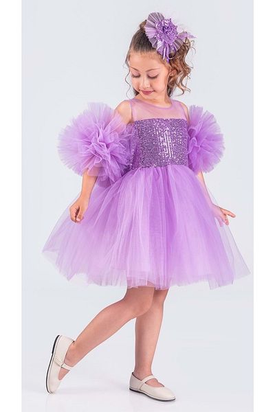 Mnk Baby&Kids LILA Girl's Chiffon Evening Dress - Puffy Skirt with Pompom Sleeve, Sequins and Tutu