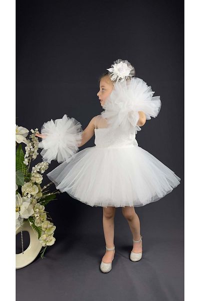 Mnk Baby&Kids Chiffon Robe Pompom Sleeve Sequined Girl's Crinoline Skirt Tutu Evening Dress White