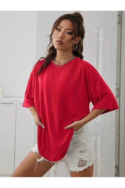 warn Kırmızı Düz Oversize T-shirt Yazlık %100 Pamuk