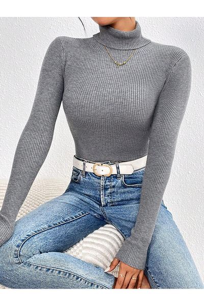 JAKARLI Unisex Anthracite Gray Cotton Turtleneck Slimfit Turtleneck Sweater