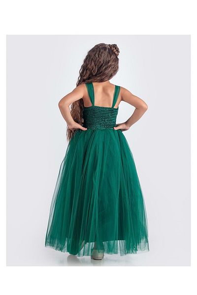 Mnk Girl's Satin Party Evening Dress with Back Guipes and Tutu Skirt, Dark Green 0340