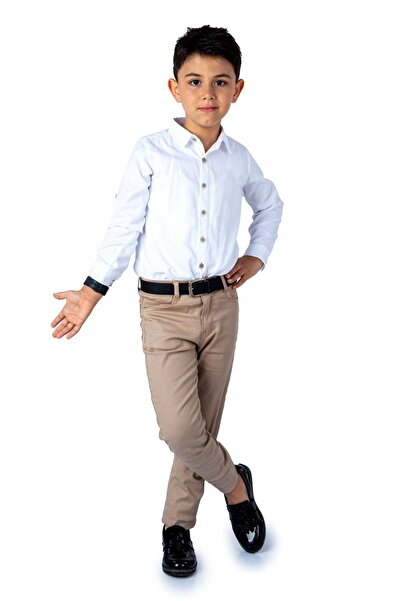 Mnk Baby&Kids Tarz Gömlek Gabardin Pantolon Erkek Çocuk Takım MNK0422 BEYAZ - BEJ