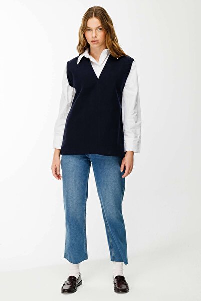 Hooopstore V-Neck Stamped Navy Blue Sweater