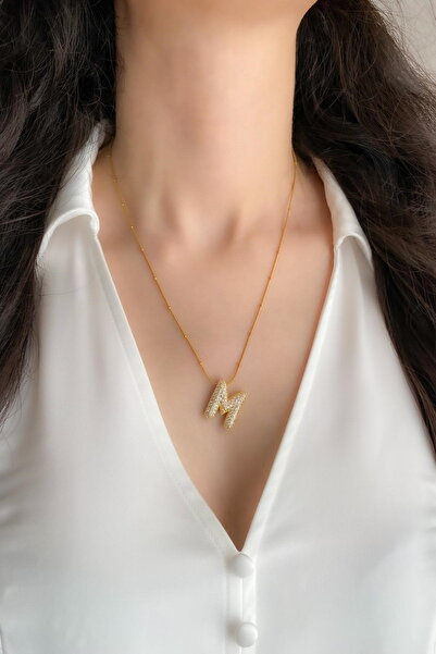 DEMOKAN Kadın Çelik Kolye Zirkon Taş Balon Harf Kolye