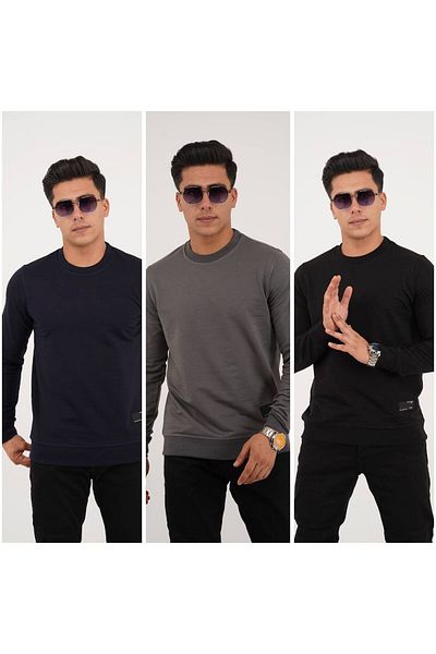 Est Estola Men's Crew Neck Black Navy Relaxed Sweatshirt - 2 Thread, 3 Piece Set