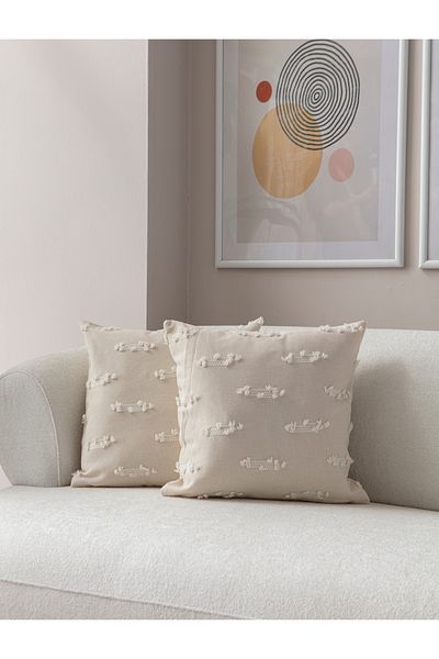 BUGİ HOME COLLECTİON Rake Patterned Double Punch Embroidered Linen Throw Pillow Cover 43X43Cm, Decorative Throw Pillow Cover