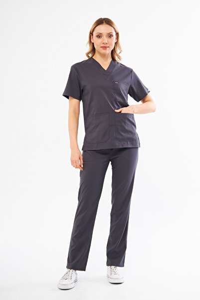 TIPMOD Unisex Yarasa Kol Likralı Doktor / Hemşire Forması Antrasit / Scrubs