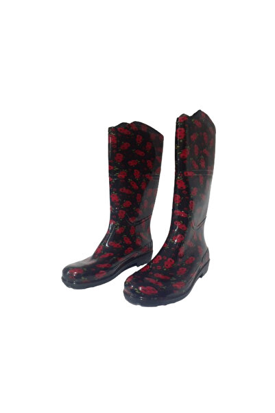 Emek Kadın Siyah Kırmızı Çiçekli 35 Cm Uzun Bahçe Yağmur Çizmesi EMKK309-210
