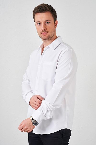 TENA Cămașă albă pentru bărbați, cu mânecă lungă, cu un singur buzunar, din material Lacoste