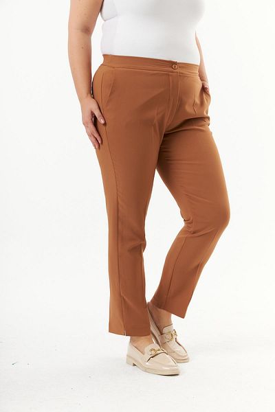 RMG Camel Large Size Fabric Trousers - Elastic Waist and Slit Detail