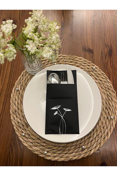 kidspartim 12 Pieces Black Silver Gilded Carrot Flower Napkin - 40X40