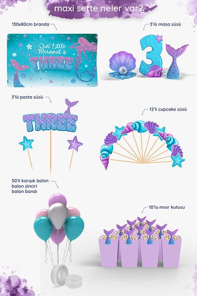Hey Parti Γενέθλια με θέμα τη γοργόνα 3 ετών - Maxi Birthday Party Set