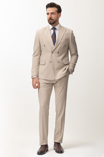 Mcr Plain Beige Slim Fit Swallow Collar Double Breasted Men's Suit