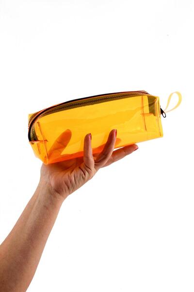 BYBAG Siyah Fermuarlı Turuncu Renkli Kaliteli PVC Şeffaf Kalemlik Makyaj Çant...