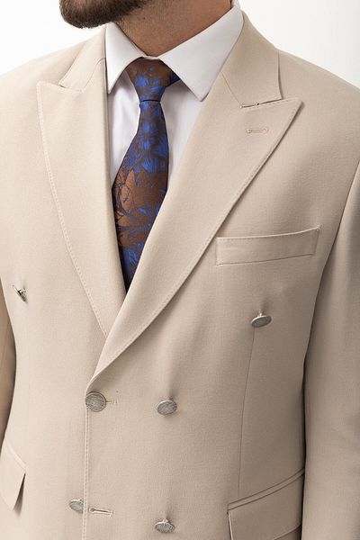 Mcr Plain Beige Slim Fit Swallow Collar Double Breasted Men's Suit