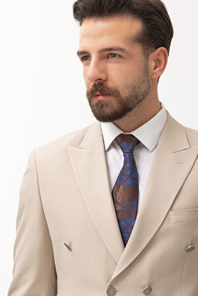 Mcr Plain Beige Slim Fit Swallow Collar Double Breasted Men's Suit