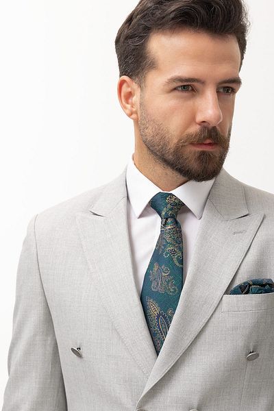 Mcr Duz Slim Fit Swallow Collar Double Breasted Men's Suit Light Gray - 40841.22Y