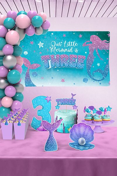 Hey Parti Γενέθλια με θέμα τη γοργόνα 3 ετών - Maxi Birthday Party Set