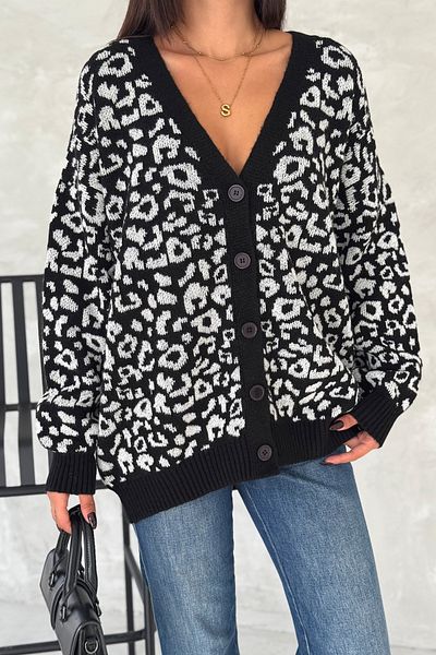 FEMELLE Cardigan de damă, negru, mărime standard, cu model leopard, tricotaj supradimensionat