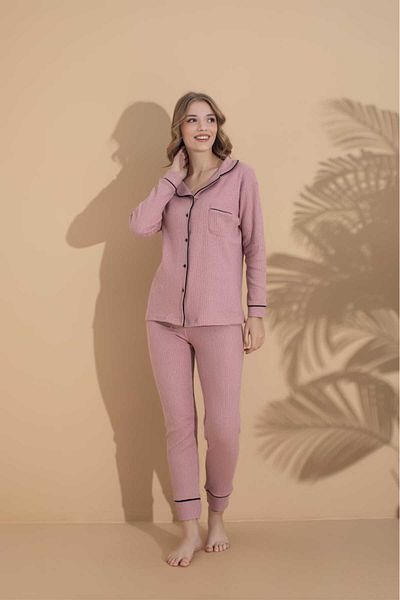 LİLA İÇ GİYİM Reported Buttoned Front 2-Piece Combed Cotton Pajama Set
