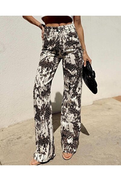 Maldia Shop Kadın Leopar Desen Yüksek Bel Beyaz Pantolon