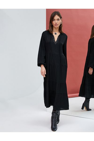 Koton Long Dress Balloon Sleeves Flounce Shiny Stone Tie Detail